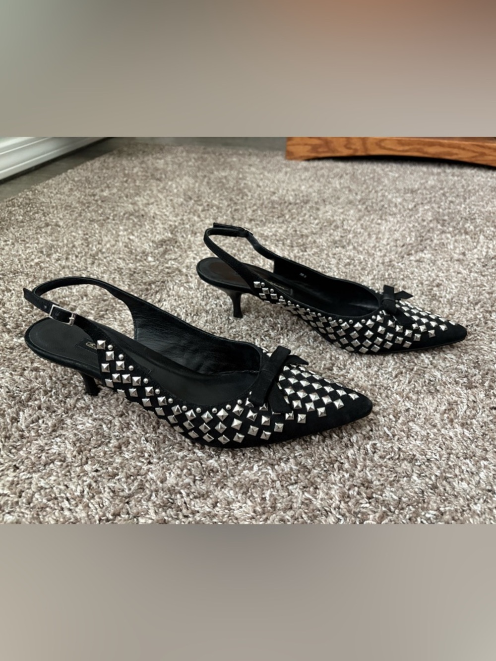 Beverly Feldman silver studded pointed toe kitten heel sling backs